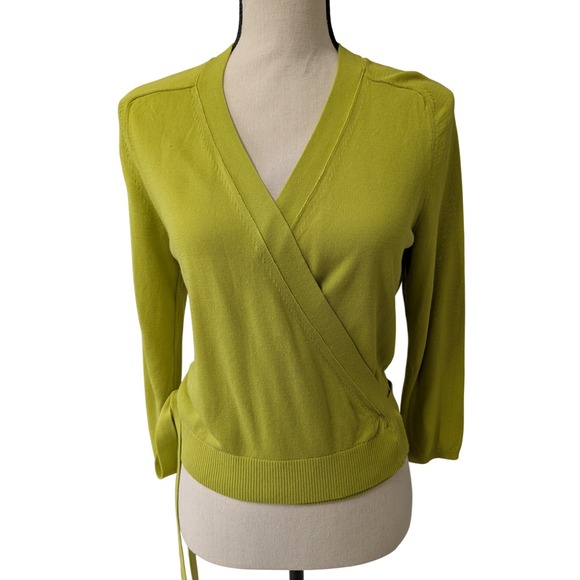 Ann Taylor Full Wrap Knit Top Tie Waist 3/4 Sleeve Chartreuse Green Size M - Picture 1 of 8